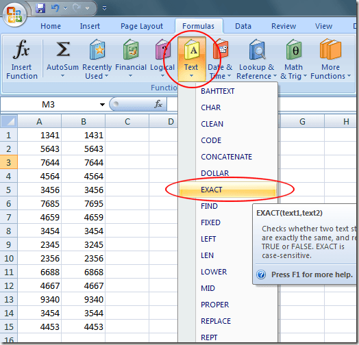 Click on Excel's Exact Formula