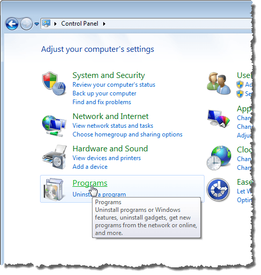 Windows 7'de Programlar bağlantısını tıklamak