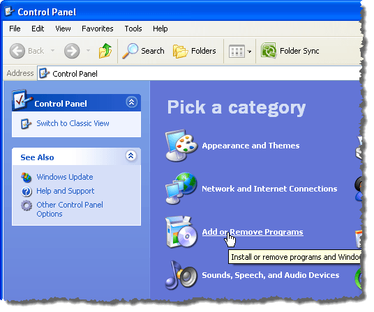Windows XP'de Program Ekle veya Kaldır bağlantısını tıklamak
