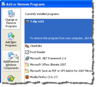 Windows XP'de Windows Bileşenlerini Ekle / Kaldır'ı tıklatarak