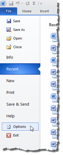 Clicking Options on the File tab