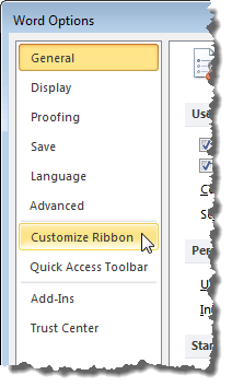 Clicking the Customize Ribbon option on the Word Options dialog box