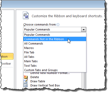 Selecting Commands Not in the Ribbon option
