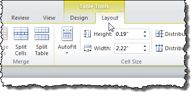 Clicking the Layout tab under Table Tools
