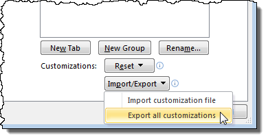 Selecting Export all customizations from the Import/Export button
