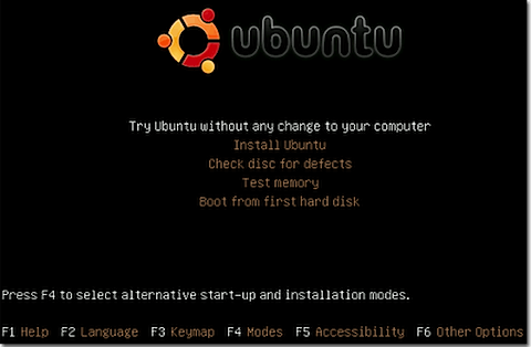 Ubuntu Linux Live CD ana menüsü
