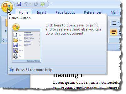 Clicking the Office button in Word 2007