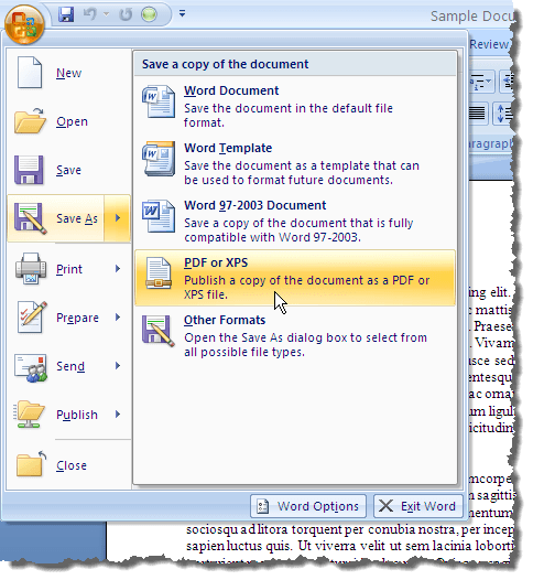 Selecting the Save As PDF or XPS option in Word 2007