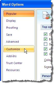 Clicking the Customize option on the Word Options dialog box