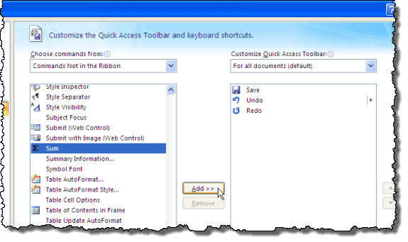 Adding the Sum button to the Quick Access Toolbar