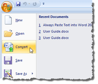 Selecting Convert option in Word 2007