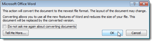 Warning dialog box about converting the document