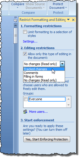 Restrict Formatting and Editing bar in Word 2007