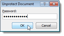 Entering password to unprotect a document in Word 2007