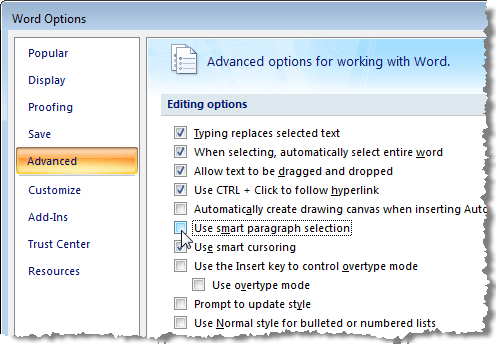 Unselecting Use smart paragraph selection in Word 2007