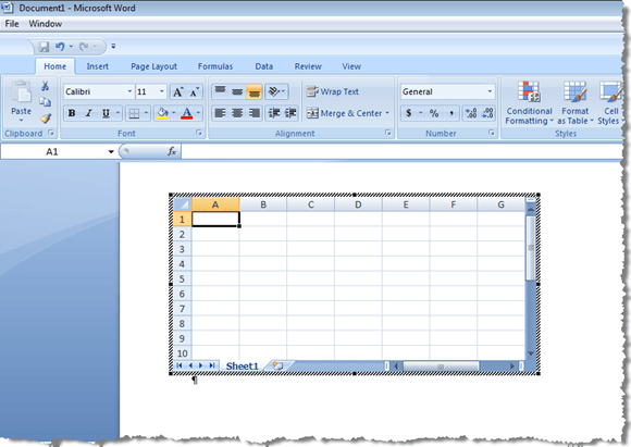Excel ribbon in Word