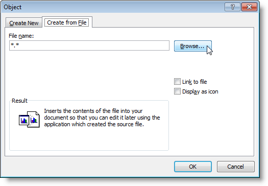 Object dialog box - Create from File tab