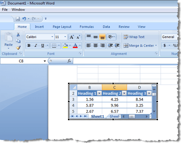 Editing inserted Excel table