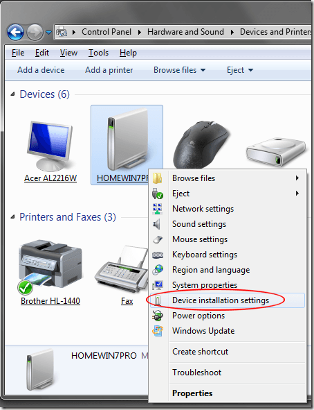 Windows 7 Device Installation Settings