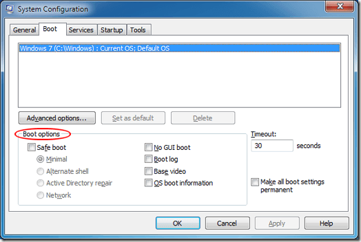Boot Options on the System Configuration Boot Tab