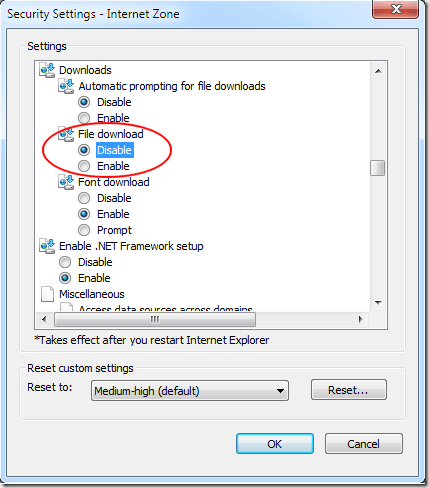 Disable File Downloads in Internet Explorer 8