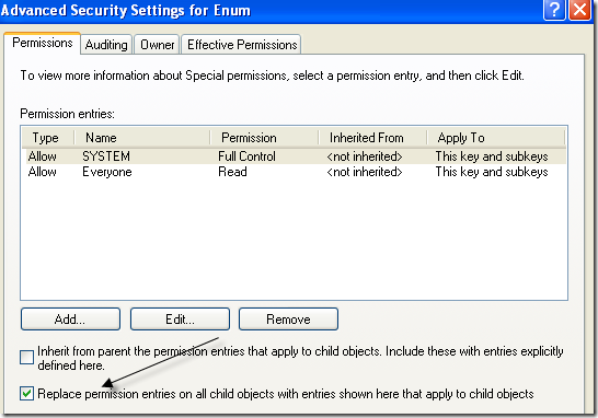replace permissions on child objects