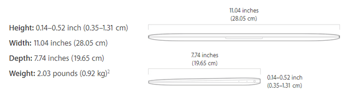 macbook size weight