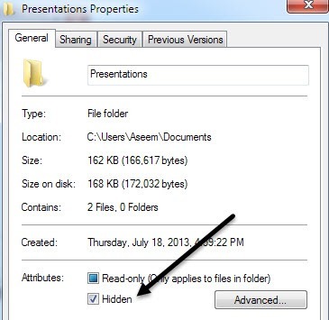 folder properties hidden