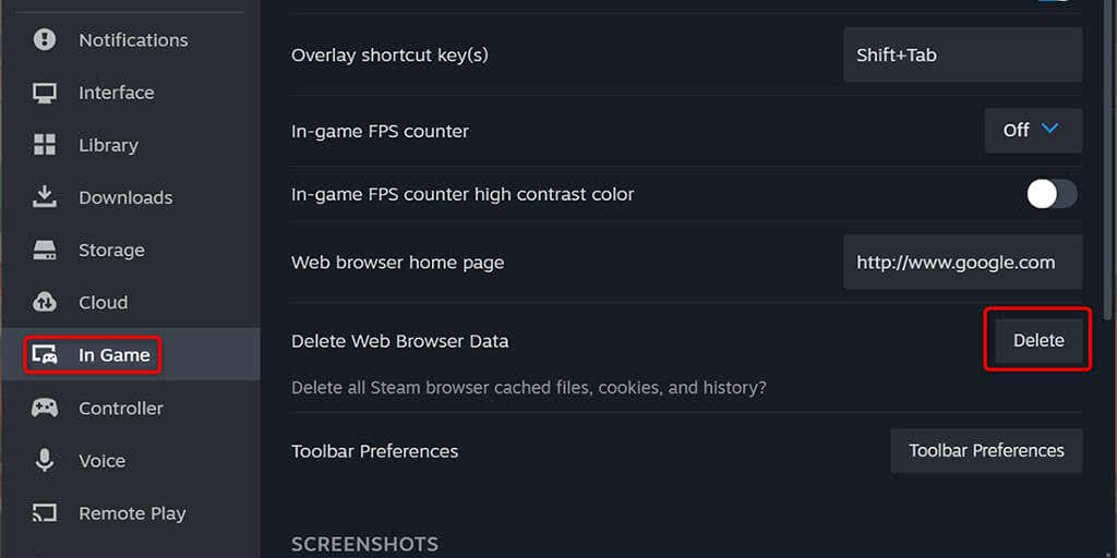 Steam'in Web Tarayıcı Verileri görselini kaldırın