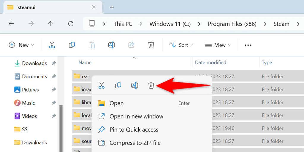 “Steamui” Klasör görselinin İçeriğini kaldırın